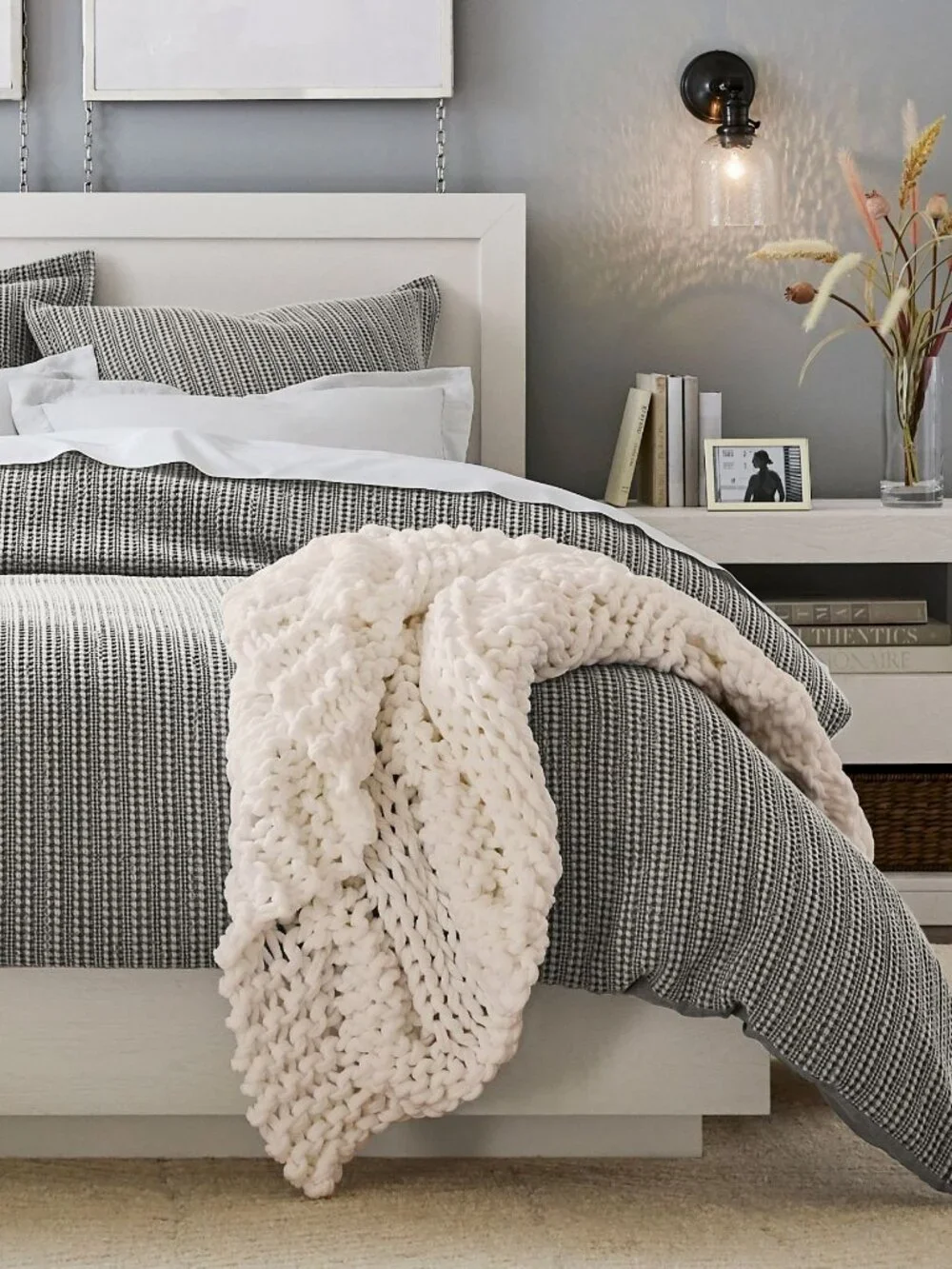 Pottery Barn Honeycomb Percale Cotton Duvet Cover Bedding Full Queen Gray NWT